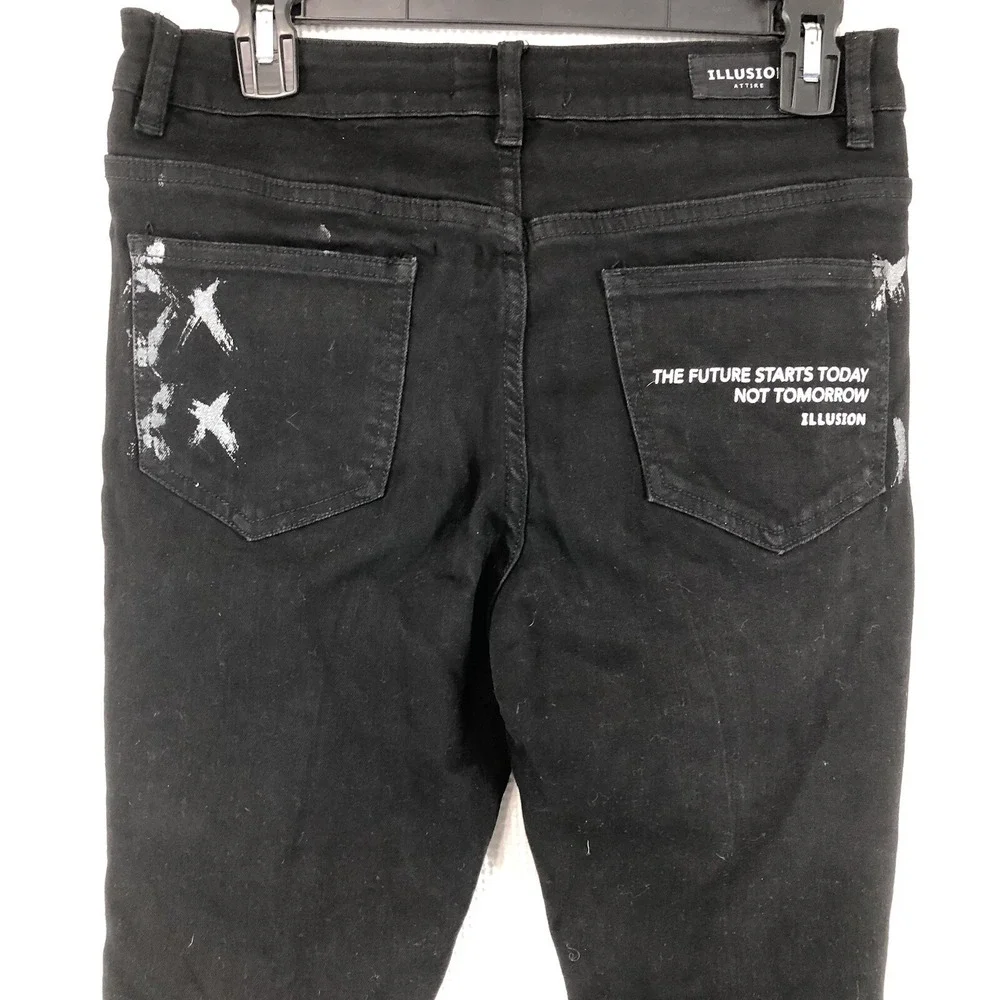 Illusion attire jeans women's 30 black patch grunge skinny lettering 30 x 29